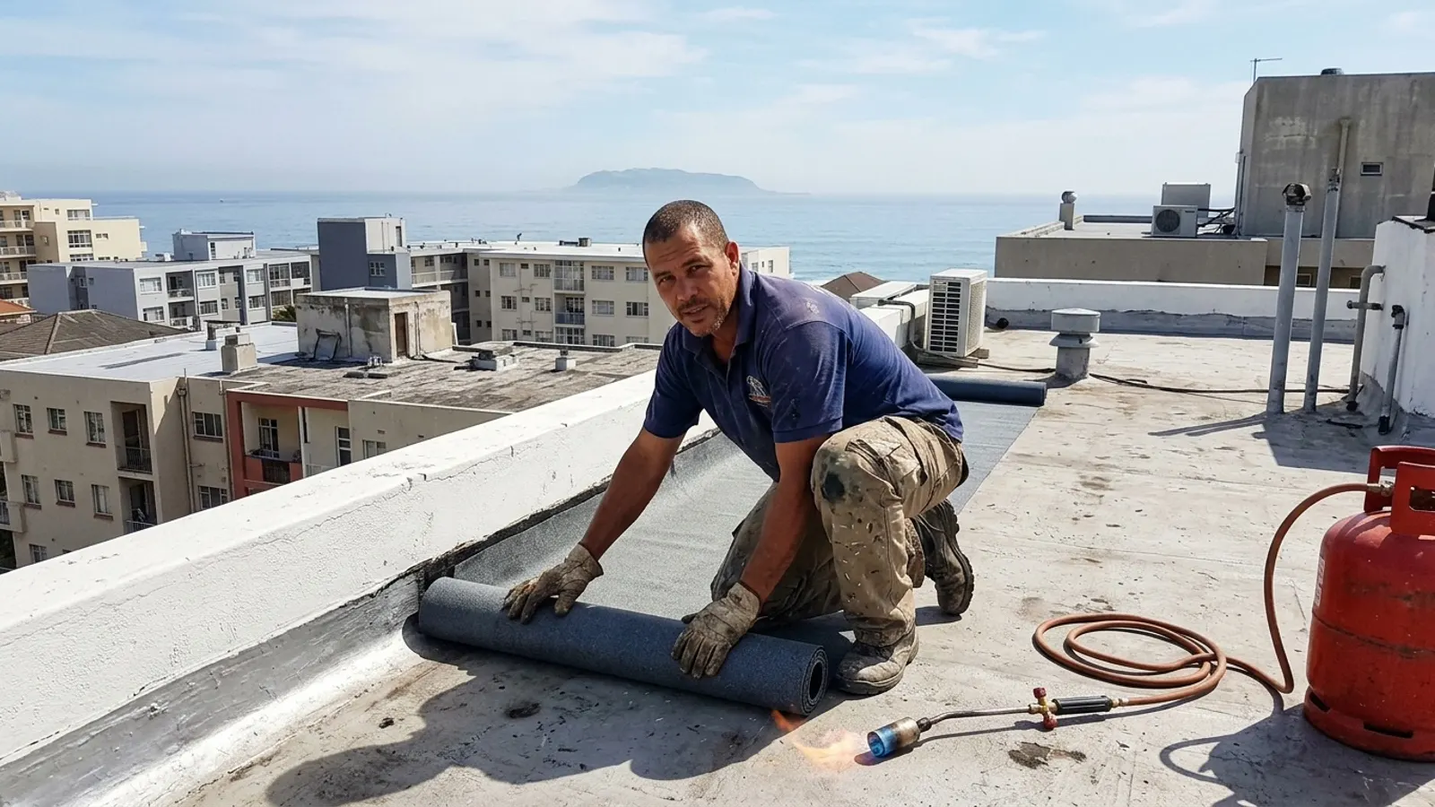 Waterproofing Cape Town team applying torch-on membrane to a flat roof